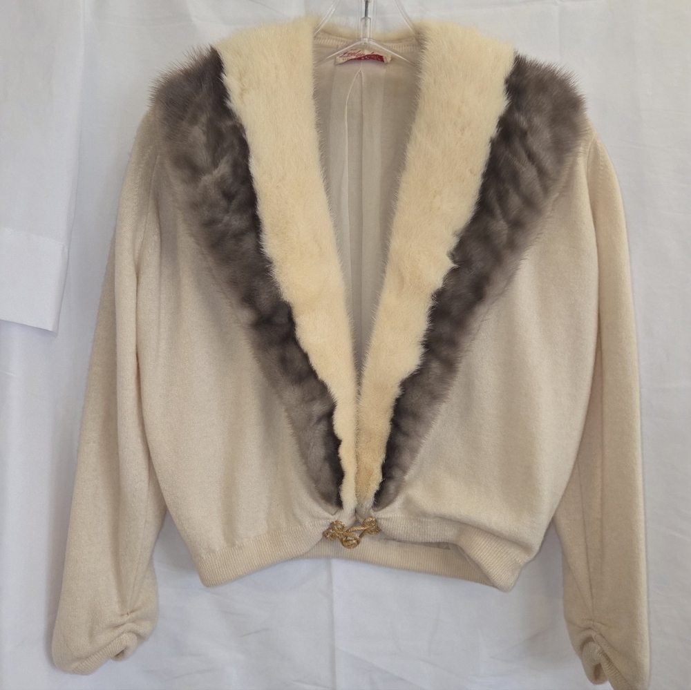 Vintage Womens Sweater S 2-Tone Mink Snap-On/Off Collar Lesser